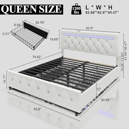 Queen Size Bed Frame with 4 Storage Drawers and LED Light, Upholstered Platform Storage Bed with Adjustable Headboard and Charging Station, Metal Slats Support, No Box Spring Needed, No Noise, White thumbnail 2