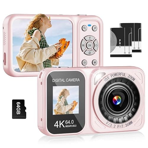 QUOLODOO Digital Camera, 4K 64MP Dual Screens Camera, 18X Zoom, Point and Shoot Digital Camera with 64GB TF Card & 2 Batteries, Portable Rechargeable Small Camera for Kids Teens Adult (Pink) - Image 1