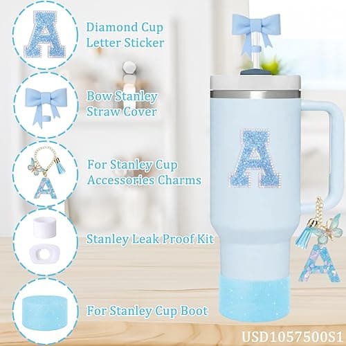 6pcs Blue Stanley Cup Accessories Set, Bow Straw Topper for Stanley Cup 30oz 40oz, Including Straw Topper and Sparkly Silicone Boot, Stoppers Spill Proof, Handle Charm, Initials Sticker - I thumbnail 4