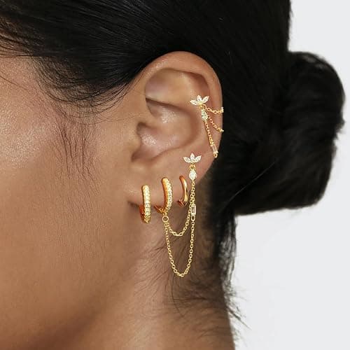 Earring Stacks Chain Gold Cartilage Helix Multiple Piercing Hoop Sets Women | 6PCS,Flat/Butterfly Back,14K Gold/Silver Plated,Dangle Huggie Hoop,White/Green CZ,Trendy Stackable Prom Jewelry Gift thumbnail 6