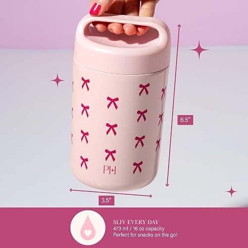 Paris Hilton Stainless Steel Food Jar, Double Wall Vacuum Sealed Insulated Food Storage Container with Carry Handle Lid, 16-Ounce, Pink with Bow Design thumbnail 2