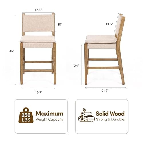 AllForWood Jayden Premium Solid Wood Mid-Century Upholstered Counter Stools 24", Set of 2, Solid Rubberwood Legs, Natural Flax, Modern Light Brown Finish for Kitchen Island, Dining Room, Home Bar thumbnail 2