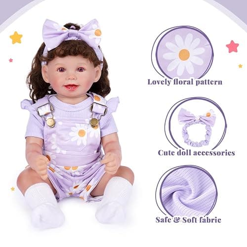 BABESIDE 4 Pcs Reborn Baby Doll Clothes Set for 17-22 Inch Baby Dolls | Cute Purple Flower Baby Doll Overalls Lifelike Reborn Baby Doll Accessories with Headband and Socks for Realistic Dolls Girl thumbnail 3