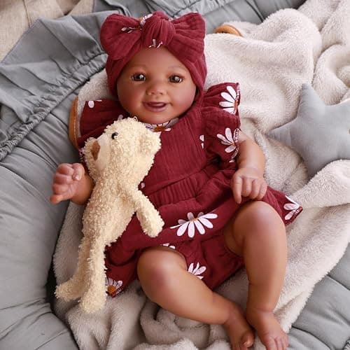 BABESIDE 2 Pcs Reborn Baby Doll Clothes for 17-22 Inch Dolls, Baby Doll Outfit Accessories with Floral Pattern fit Realistic Babydolls Girl Boy, Wine Red thumbnail 7