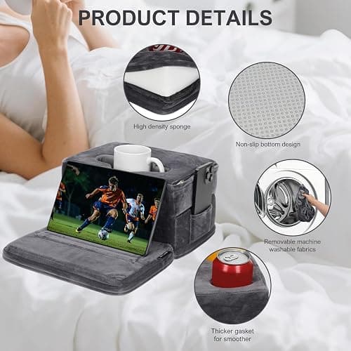 Couch Cup Holder Tray Pillow, Large Sofa Organizer Caddy with 6 Holes and Side Pocket Bed Refreshment Tray for iPad, Drinks, Remotes, Phones, Snacks, Removable & Washable (Grey) thumbnail 7
