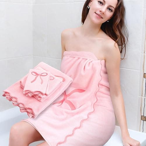 Fanfanwin 3 Pcs Pink Bow Bathroom Towel Set, Scalloped Coquette Fingertip Towels with Embroidery, 100% Cotton Absorbent Hand Towels for Bathroom, Kitchen, Wedding Gifts, Preppy Bath Decor thumbnail 5