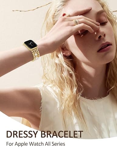 JR.DM Gold Beaded Bracelet Bands Women Compatible with Apple Watch 40mm 42mm(S10/11) 41mm 38mm Dressy Fancy Stretchy Elastic Jewelry Strap Replacement for iWatch Series 11/10/9/8/7/6/5/4/3/2/1/SE thumbnail 7