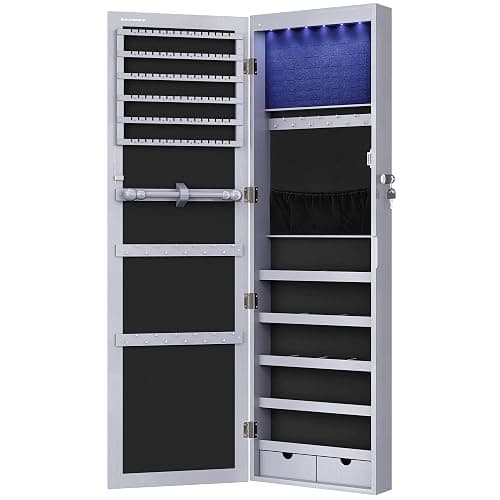 SONGMICS 6 LEDs Mirror Jewelry Cabinet, 47.2-Inch Tall Lockable Wall or Door Mounted Jewelry Armoire Organizer with Mirror, 2 Drawers, 3.9 x 14.6 x 47.2 Inches, Gray UJJC93GY thumbnail 9