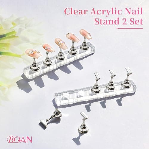 BQAN 2 Set Nail Holder for Painting Nails, Transparent Acrylic Nail Stand for Press on/Fake Nail Tips Training/Nails Display with 96 Pcs Reusable Adhesive Putty (Clear) thumbnail 2