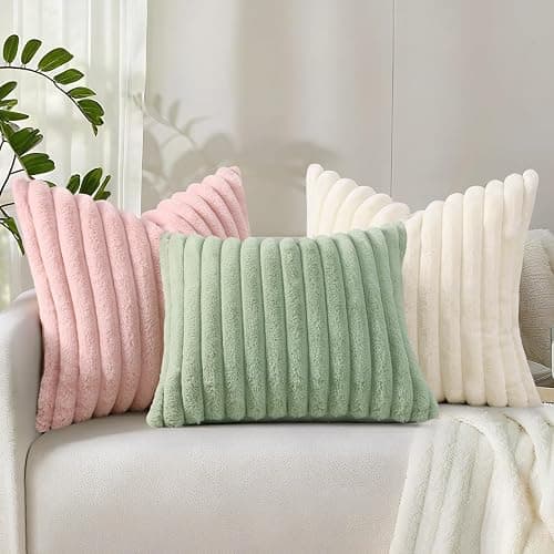 decorUhome Faux Fur Christmas Throw Pillow Covers 12x20 Set of 2, Decorative Soft Plush Striped Lumbar Neutral Couch Euro Pillow Covers with Velvet Back for Sofa, Bed, Living Room Home Decor, Pink thumbnail 8