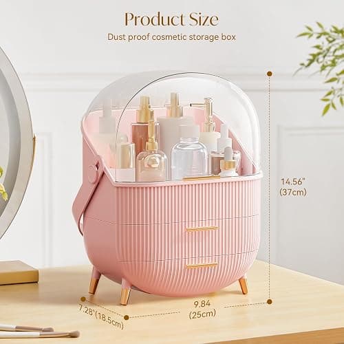 Multi-Function Make Up Case Dustproof Cosmetic Storage Box, Organizer Skin Care Products Jewelry Organizer Finishing Box for Bedroom Bathroom Desktop (Pink) thumbnail 2