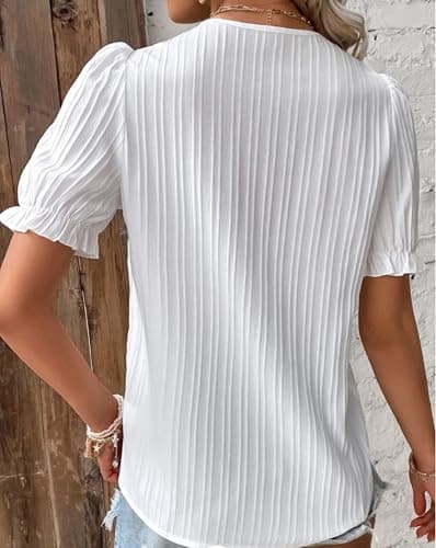 LAKEMON 2023 V Neck Plain Lace Elegant Shirt,Short Sleeve Shirt for Women Loose Top thumbnail 4