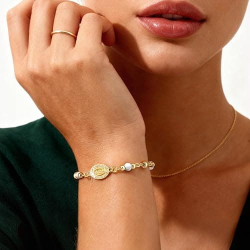 Women's Gold Virgin Mary Bracelet - 14K Gold Plated Religious Cross Bracelet,Dainty Golden Non Tarnish Virgen De Guadalupe Natural Stone Beaded Jewelry,Catholic Faith Baptism Confirmation Gift for Her thumbnail 2