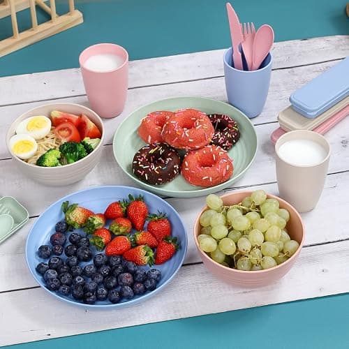 Wheat Straw Dinnerware Sets for 4, Wheat Straw Plates and Bowls Sets Kitchen Dishes 28pcs College Dorm Room Essentials Cutlery Set Microwave Safe (Colorful) thumbnail 6