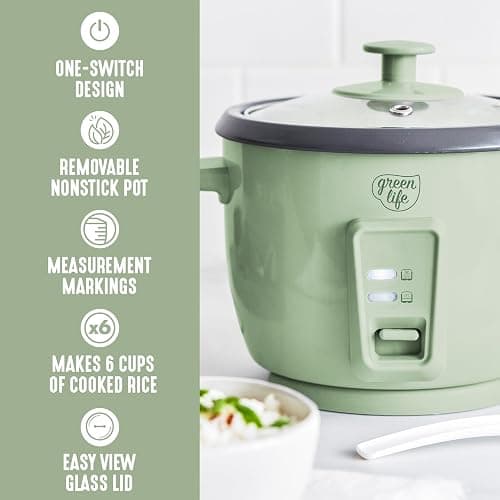 GreenLife Electric Rice Cooker, 3-Cups Uncooked/6-Cups Cooked, Removable PFAS-Free Nonstick Pot, One-Switch Design, Auto Keep Warm, Small Space Saving, Rice Paddle, Soup, Grains, Oatmeal, 1.5 QT, Green thumbnail 4
