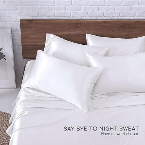 MR&HM Satin Sheets Queen Size with Elastic Corner Straps, White | Similar to Silk, 6-Piece Silky Soft Bed Sheet Set, Gentle on Skin and Hair, 15" Deep Pocket, Cooling & Breathable thumbnail 6