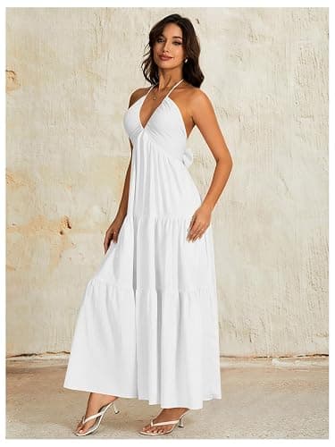OYOANGLE Women's Summer Beach Halter Sundress Formal Wedding Guest Dress | Backless Flowy Dress, Vacation, Summer, Boho Maxi Dresses thumbnail 7