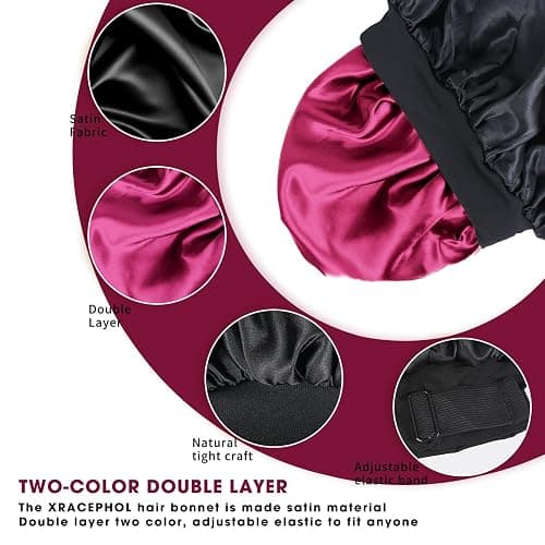 Double Layer Adjustable Satin Bonnets for Sleeping Women (Black and Wine) | No slip all night,Soft lightweight breathable,Reduce hair breakage,No marks,,Two-Color,Gift thumbnail 3