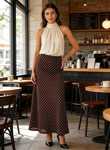 BLENCOT Womens High Waisted Long Mesh Polka Dot Maxi Skirt | Fashion Printed, Elastic Waist,A-Line Flowy Maxi Skirts with Lining, Ideal for Work,Night Out,Beach Vacation & Daily Wear thumbnail 7
