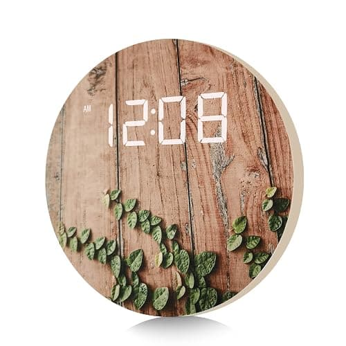 DMDMBSR Plug in USB Powered Digital Wall Clock, Vintage Plank Striped Rattan Design, 12/24Hr Wall Mounted Digital Clock, LED Wooden Silent Wall Clock for Kitchen Bedroom Office (10 in) - Wall Clock - Rattan - 10 In - Image 1