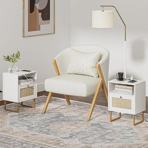 Masupu Rattan Nightstand with Charging Station,Modern Boho Farmhouse Wood Bedside Table with Storage Drawer and Open Shelf,Small Gold Frame Side End Table for Bedroom,Living Room,Office White thumbnail 5
