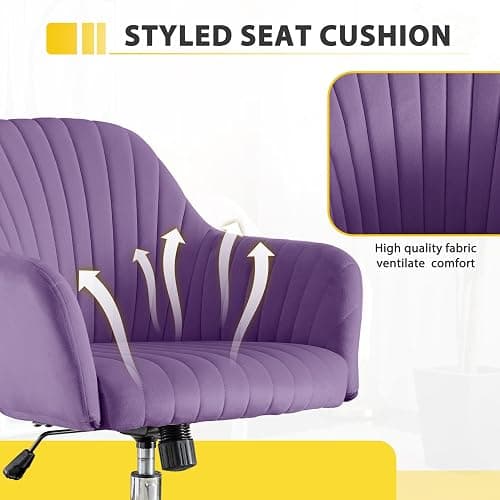 Anwickhomk Purple Vanity Desk Chair Comfy with Back and Wheels,Velvet Rolling Office Chair for Vanity Makeup Room,Height Adjustable,360 Swivel (Purple) thumbnail 3