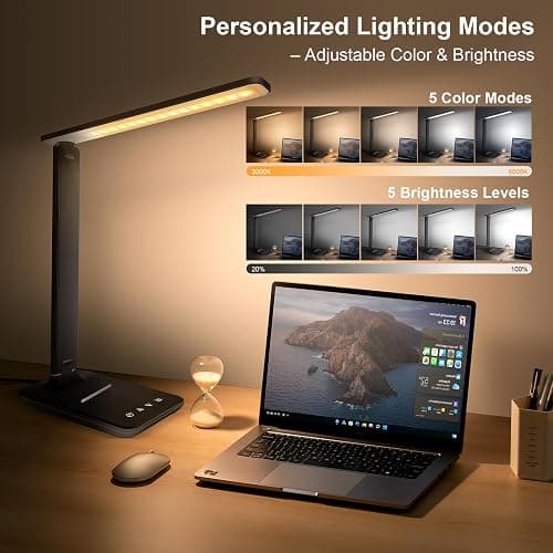 shinelife LED Desk Lamp for Office Home, Bright Desk Light with USB Charging Port, Adjustable Dimmable Desk Lamps 5 Modes 5 Brightness, Touch Study Lamp for Nail, Craft, Puzzle, Sewing, Study, Black thumbnail 3