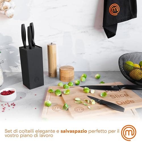 MasterChef Set Coltelli da Cucina con Ceppo Universale, Portacoltelli con Lama Affilato per Pane, Carne, Verdure e altro, Acciaio Inox, Prova di Calore, Manici Neri, 5 Pezzi, Nero thumbnail 2