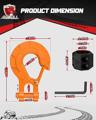 AMBULL 3/8" Winch Hook & Winch Cable Hook Stopper Sets, Heavy Duty Grade 70 Forged Steel Recovery Hook with Safety Latch, Included Allen Wrench,Max 37,478 Lbs, Orange thumbnail 2
