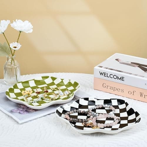 Koythin Jewelry Tray, Ceramic Jewelry Dish Trinket Tray Organizer, Checkered Pattern Aesthetic Decorative for Kitchen, Bathroom (Black and White Checkerboard) thumbnail 5