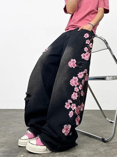 DFGIGT Men's Hip Hop Baggy Jeans Embroidered Wide Leg Skater Jeans Loose Fit Denim Pants Streetwear thumbnail 3