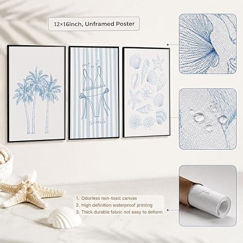 3Pcs Blue Coastal Unframed Canvas Wall Art, Preppy Beach Summer Decor | Palm Tree & Bikini Seashell Line Art, Minimal Nautical Theme, Flexible Frame, for Hallway, Bedroom & Living Room Decor thumbnail 3