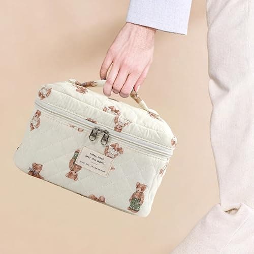 YINGJEE Large Quilted Makeup Bag for Women and Girls, Cute Coquette Floral Cotton Cosmetic Bag, Aesthetic Travel Organized Toiletry Bags (06-beige bears) thumbnail 6