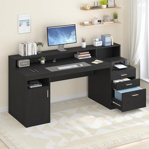 YOMILUVE Computer Desk with 3 Drawer & Storage Shelves, Home Office Desk with File Drawer & Cabinet, Writing Study Table with Long Monitor Stand & Printer Shelf, Executive Desk, Black thumbnail 3