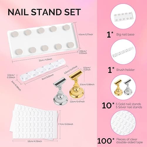 MelodySusie Nail Stand for Press Ons, Big Transparent Acrylic Magnetic Base for Painting Display with Brush Holder and 100 Pcs Reusable Double-Sided Tape for Home DIY Salon Supplies thumbnail 8