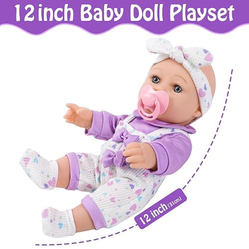 UZIDBTO 12" Baby Doll with Flower Pattern Backpack Carrier,12 Inch Realistic Baby Dolls with Clothes and Accessories Hanky Pacifier Bottle Diaper Toy Pretend Play Collection for 3+ Child Girls Gifts thumbnail 3