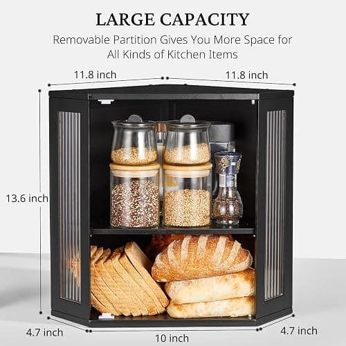 BRONYPRO Double Layer Corner Bread Box for Kitchen Counter with Height-adjustable Partition, Large Black Bamboo Wooden Bread Box for Multiple Loaves, Modern Breadbox for Kitchen Countertop thumbnail 2