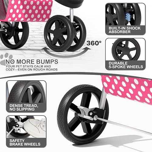 MoNiBloom 3 Wheels Pet Dog Cat Stroller for Small Medium Dogs Cats, Foldable Jogger Stroller w/Storage Basket and Cup Holder, Hot Pink Polka Dots thumbnail 5