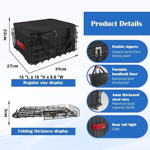 Bike Basket Rear, Folding Bicycle Basket with Removable Waterproof Liner Bag, Rear Bike Cargo Rack, Bike Accessories Frame Basket for Adult Women Men Carrying Dogs,Pet,Grocery,Quick Release Design thumbnail 4
