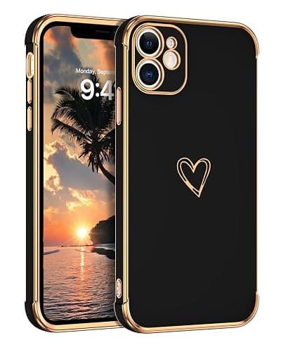 GUAGUA Case for iPhone 12, iPhone 12 Cases Cute Heart Pattern Soft TPU Plating Cover for Women Girls with Camera Protection & 4 Corners Shockproof Protection Phone Cases for iPhone 12 6.1" Black - Image 1