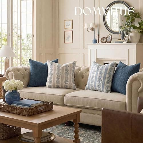 DOMVITUS Floral Throw Pillow Covers 18x18 Inch Set of 2, Block Print Decorative Pillow Covers Vintage Striped Neutral Farmhouse Boho Home Decor for Couch Sofa Bed Living Room, Light Blue thumbnail 7