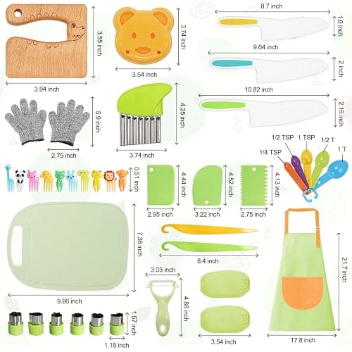 50PCS Kids Kitchen Cooking Set - Crocodile Wooden Kid Safe Knife Cutting Board Apron Gloves Fruit Vegetable Crinkle Cutters Peeler Serrated Edges Plastic Toddlers Knives, Kids Knifes for Real Cooking thumbnail 3