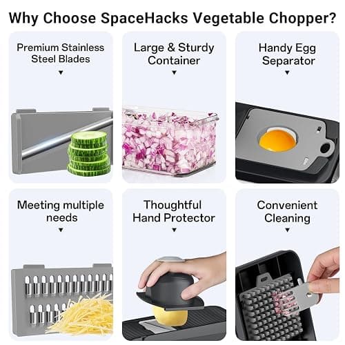 SpaceHacks 12-in-1 Vegetable Chopper, Kitchen Gadgets with 7 Blades, Veggie, Food, Onion Chopper, Cucumber Slicer, Versatile Mandoline, Includes Egg Separator & Finger Guard, Gray thumbnail 3