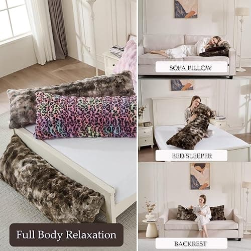 Luxury Shaggy Faux Fur Body Pillow,Fluffy Bed Pillow with Zipper Closure,Soft Decorative Plush Full Long Pillows,Fuzzy Hug Pillow for Living Room Side Sleeper & Pregnancy 20"x54" Tie-dye Coffee thumbnail 7