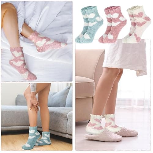 Abeillo 3 Paar Kuschelsocken Damen,Flauschige Socken aus Korallenfleece,Wintersocken Warme Elastizität Schlafsocken,Haussocken für Winter,Weihnachten(Herz-Muster) thumbnail 2