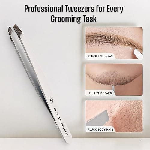 Beauty Power Slant Tip Precision Tweezers - Stainless Steel Eyebrow Tweezers for Women & Men - Precision Tweezers for Facial Hair, Ingrown Hair & Brow Shaping - Professional Beauty Tool - White thumbnail 3