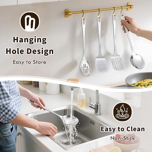4 Pcs Cooking Utensils Set, Stainless Steel Kitchen Utensils, Heat Resistant Metal Kitchen Tools Include Solid & Slotted Turner Wok Spatula, Serving Spoon, Ergonomic Handle, Easy to Clean, Silver thumbnail 7