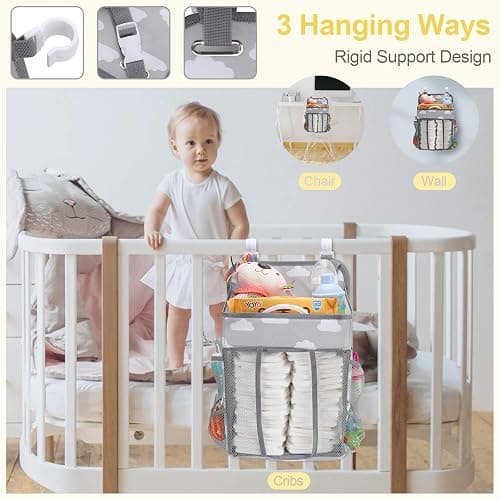 Accmor Hanging Baby Diaper Caddy Organizer, Diaper Stacker, Baby Crib Hanging Classified Storage Bag Organizer for Changing Table, Crib, Playard or Wall & Nursery Organization, Grey Cloud thumbnail 7