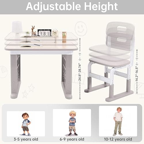 GITAWUSA Kids Desk and Chair Set, Height Adjustable Childrens Study Desk, Graffiti Table for 3-12 Years, Kids Art Table with Side Bookshelf and Storage, Multi-Functional for Bedroom & Study Room(Grey) thumbnail 4