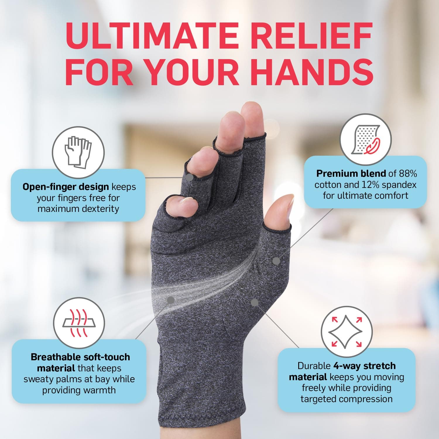 Open-Fingertip Arthritis Gloves, Compression Gloves Raynauds Gloves, Fingerless Gloves Men & Women thumbnail 3